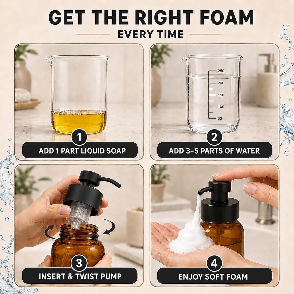 Amber Glass Foaming Soap Dispenser, 2 Pack, 8.5 Oz, Refillable
