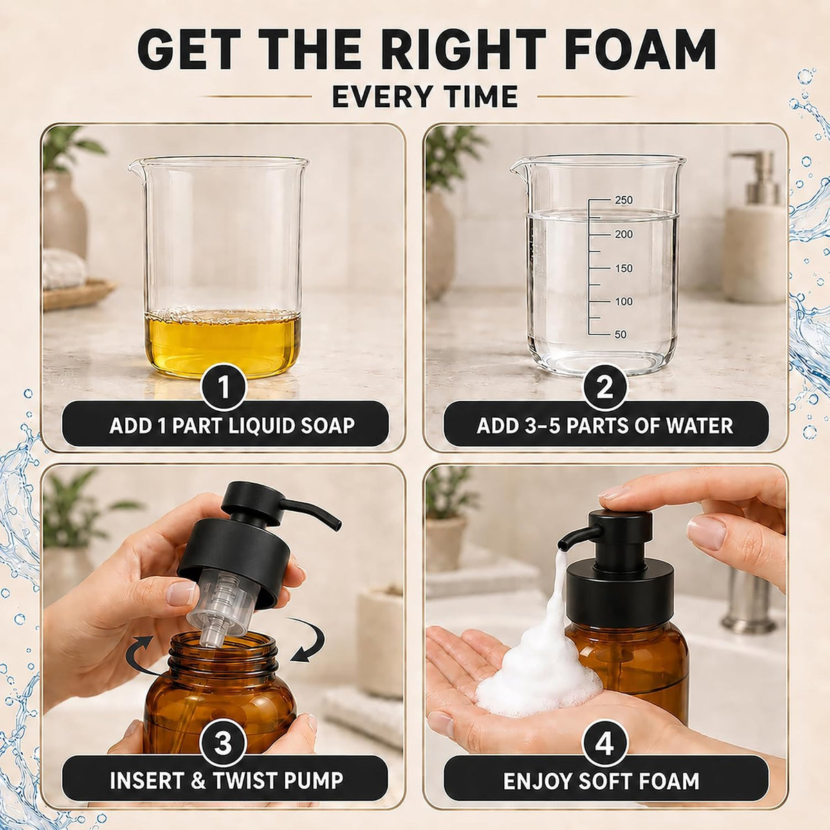 Amber Glass Foaming Soap Dispenser, 2 Pack, 8.5 Oz, Refillable