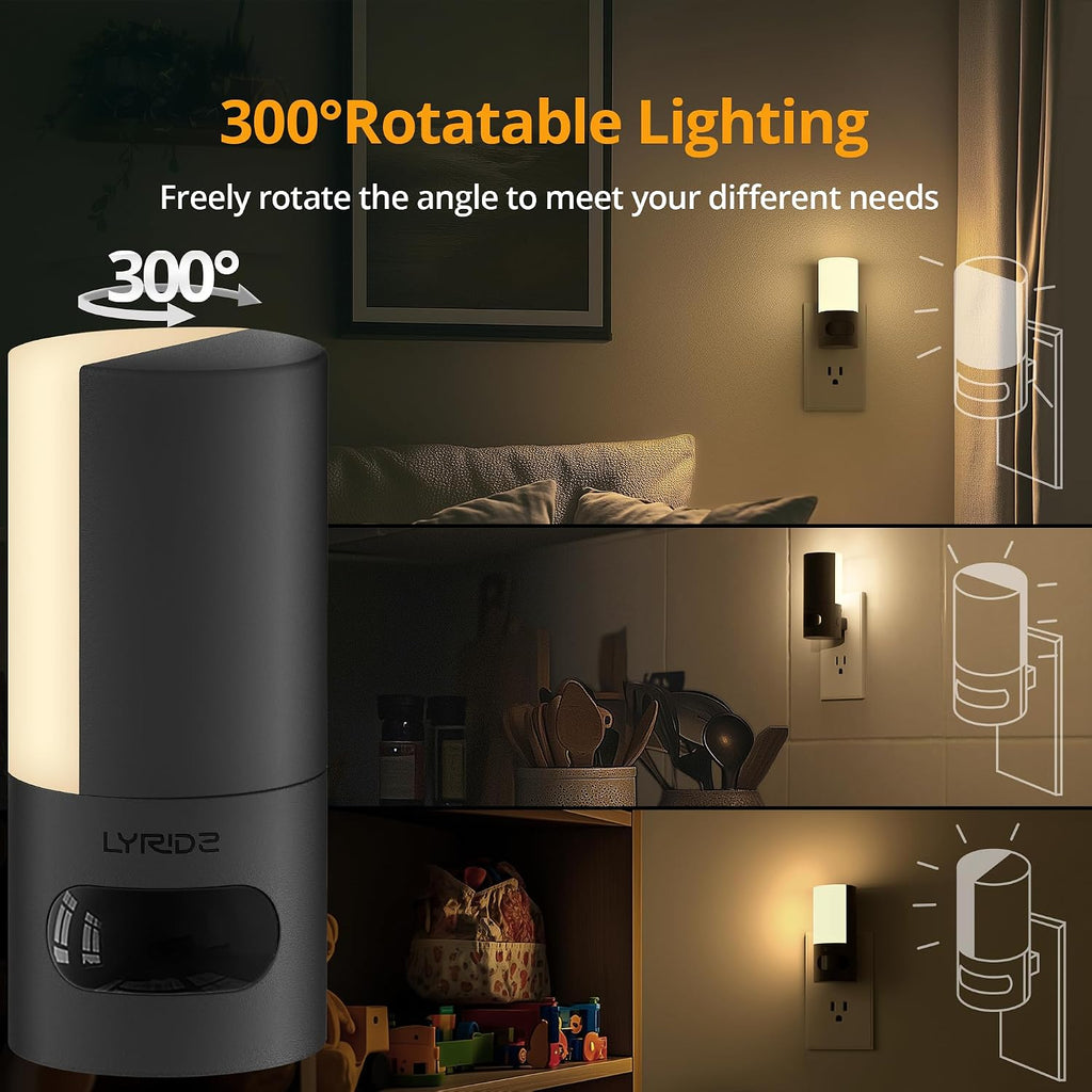 Lyridz Plug-in LED Rotatable Night Light with Motion Sensor, Dimmable Backlit Nightlight with 1-150lm Adjustable Brightness for Bathroom, Bedroom, Hallway, Stairs, 2 Pack