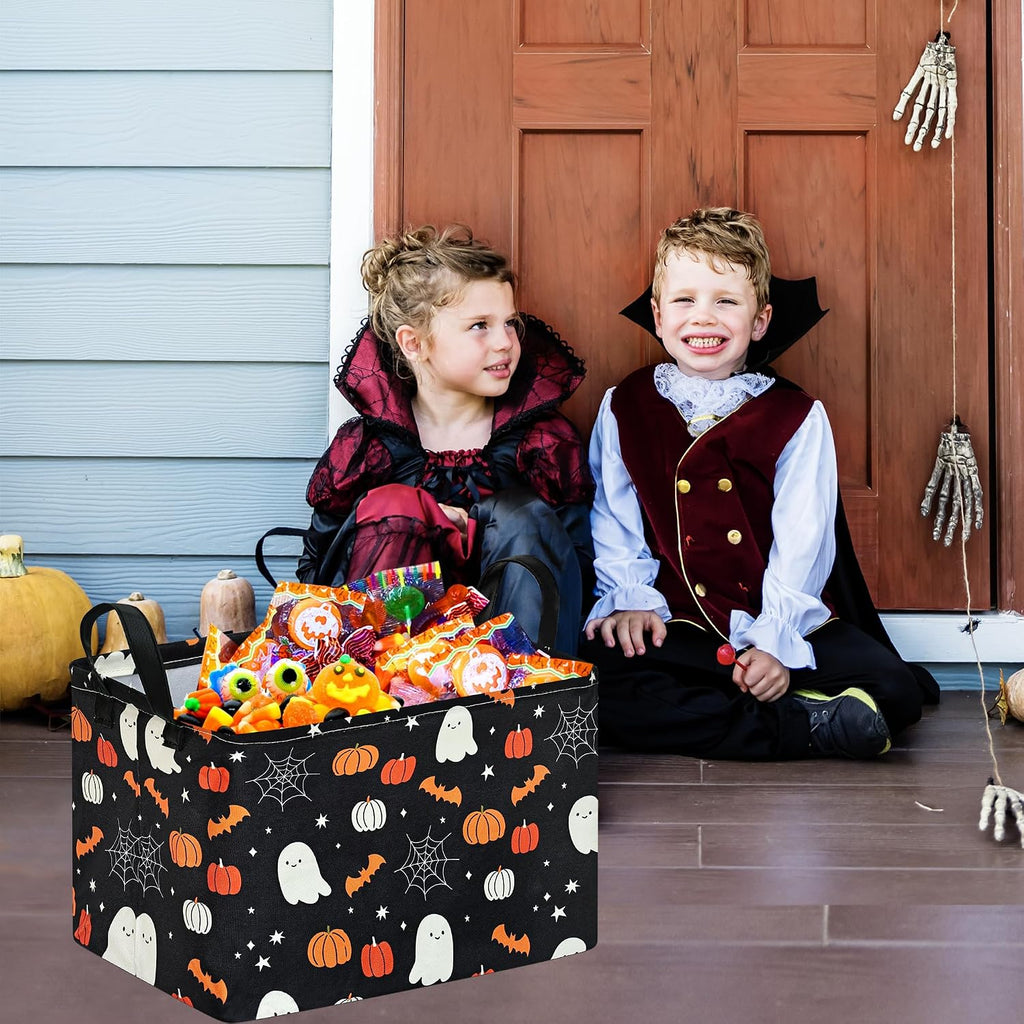 Halloween Storage Basket, Black Ghost Pumpkin Cotton Linen Blend Organizer Bin with Handles, Foldable Rectangular Shelf Basket for Toys, Clothes, Laundry, Bedroom, Gift Basket, Party Decor