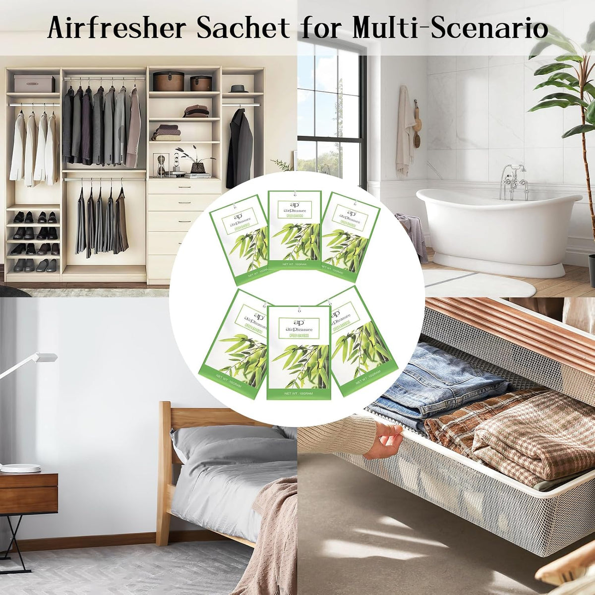 Green Bamboo Scented Sachets Bag 6 Pack for Drawer & Closet, Long-Lasting Sachets Bag Wardrobe Freshener, Drawer Deodorizer Fresh Scents Home Fragrance Air Freshener Bags for Home Room