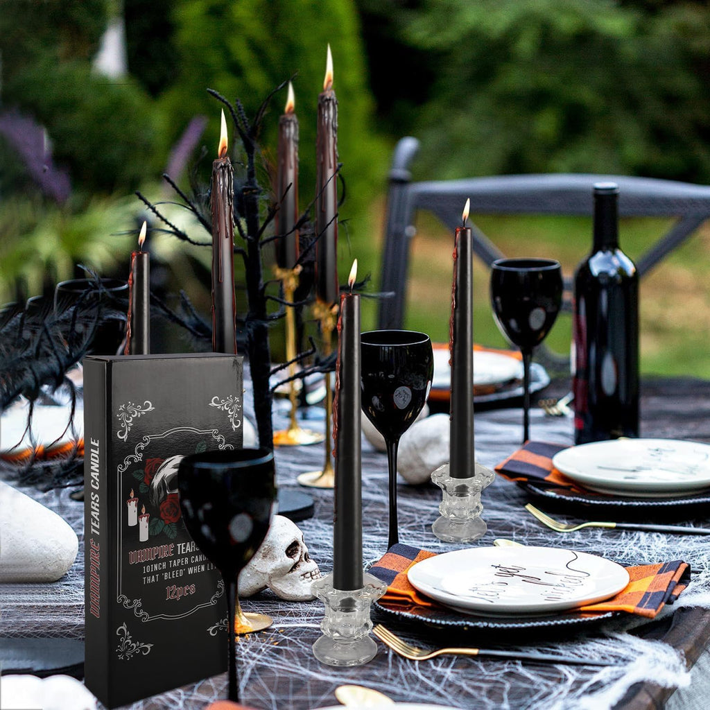 YOROXRG 12PCS 10-Inch Black Bleeding Taper Candles,Vampire Tears Taper Candles- Unscented Ideal for Halloween, Christmas, Rituals, and Themed Party Decor