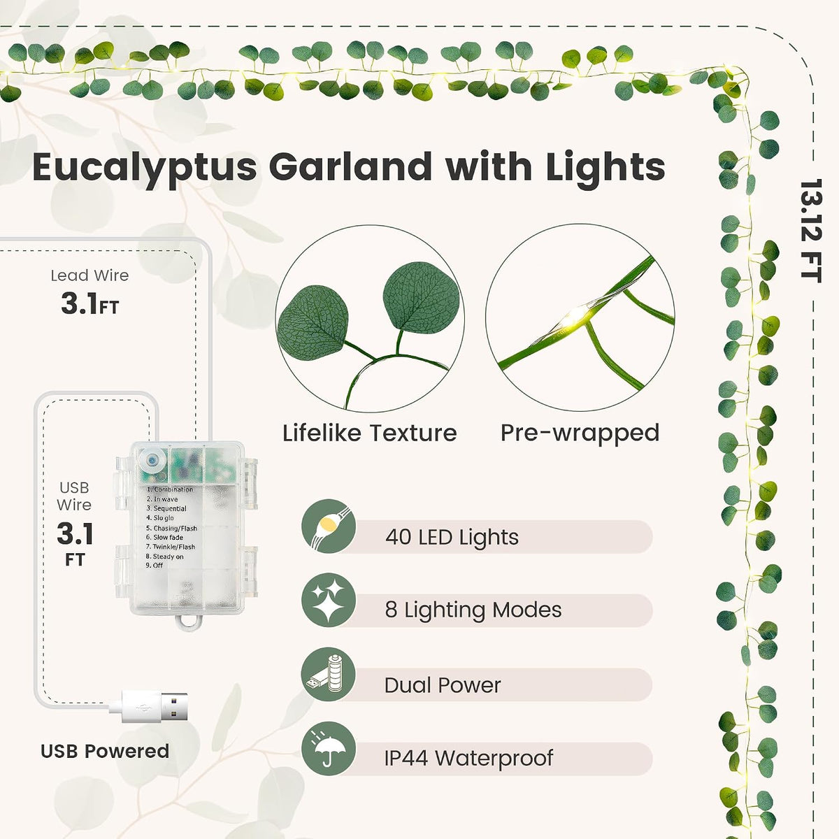 Eucalyptus Garland with 40 LED Fairy Lights, USB & Battery Powered