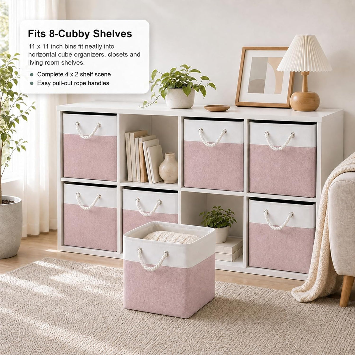 11x11 Inch Cube Storage Bins, 6 Pack Collapsible Fabric Storage Cubes with Rope Handles, Waterproof Foldable Storage Baskets for Cube Shelves, Closet, Clothes, Toys, Books, White & Pink