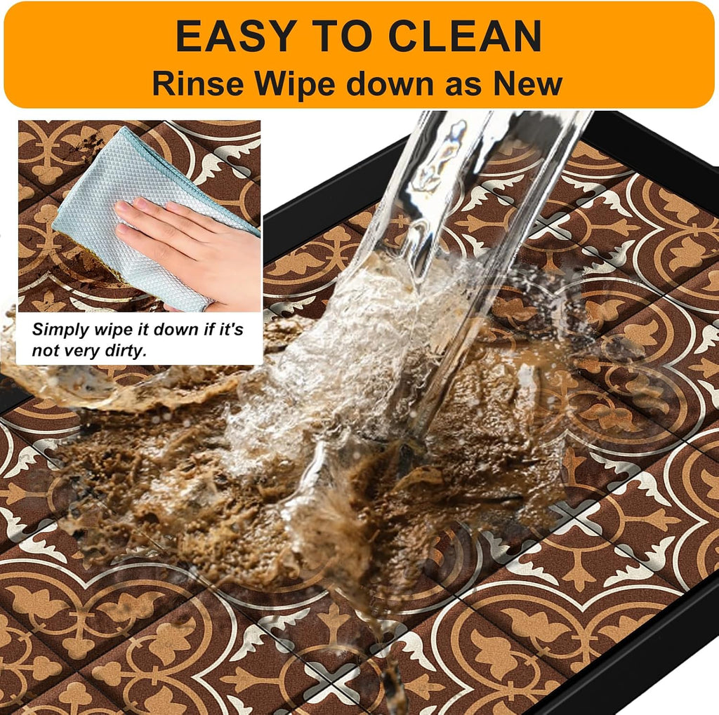 BEHERO Boot Tray Shoe Mat Decorative Patterned, Rubber Boot Matt Tray Indoor and Outdoor Use, 16" x27.5" Shoe Cleaning Mat Non-Slip, Shoe Storage Waterproof with Artistic Prints for Entryway(Brown)