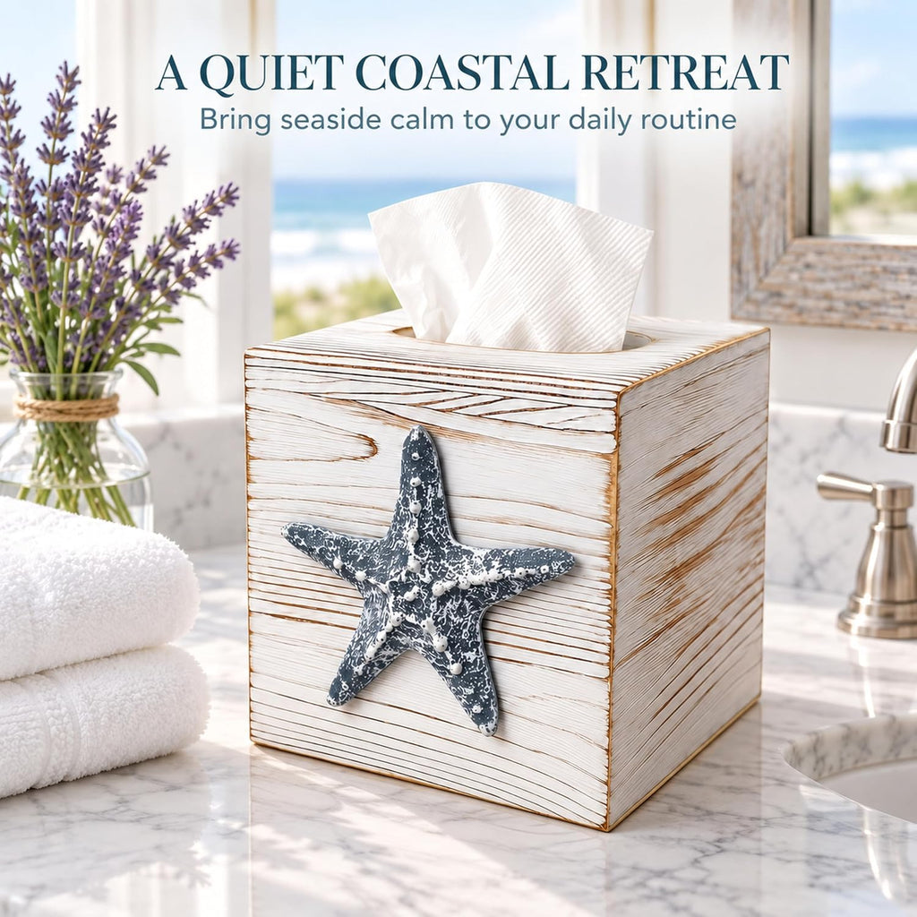 Coastal Tissue Box Cover Wooden Retro with Sliding Bottom Panel Beach Decor for Bathroom Bedroom Living Room,Starfish Decor Suitable for Coastal Gifts Beach House Gifts