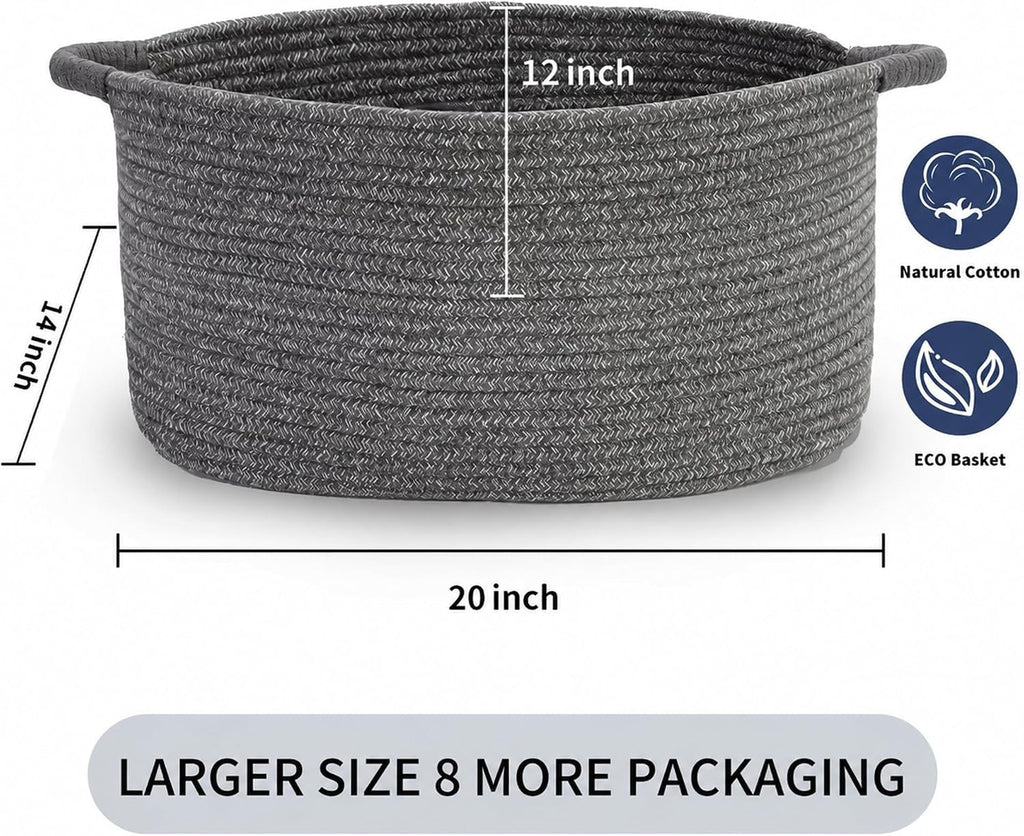 Large Rope Basket with Handles, Large Bohe Storage Basket,Laundry Basket, Home Decor Organizer for Towels,toys, Books & Magazines (Dark Gray, L (20 "L x 14" W x 12 "H))