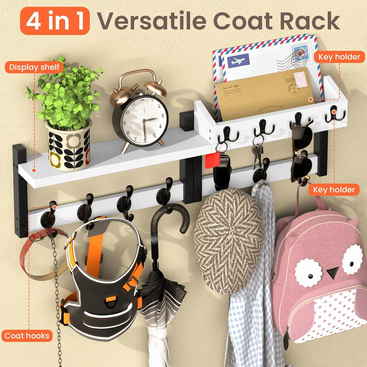 29'' White Coat Rack Wall Mount with Shelf, Solid Wood Coat and Key Hanger with 11 Metal Hooks, Farmhouse Wall Organizer for Mail, Entryway Wall Hangers for Hats, Clothes, Backpacks, Mudroom