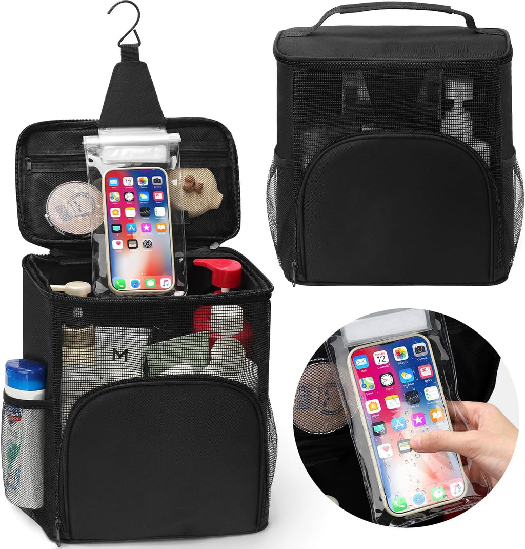 EIMMBD Hanging Shower Bag, Shower Caddy Portable Larger Capacity with Phone Storage, Upgraded Shower Tote Bag for College, Dorm,Travel, Gym, Camp, Mesh Shower Caddy for Women, Men(Black)