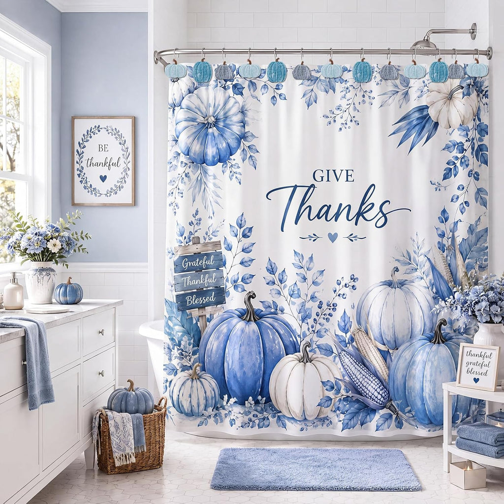 Weysat 12 Pcs Blue Pumpkin Fall Shower Curtain Hooks Bathroom Decor