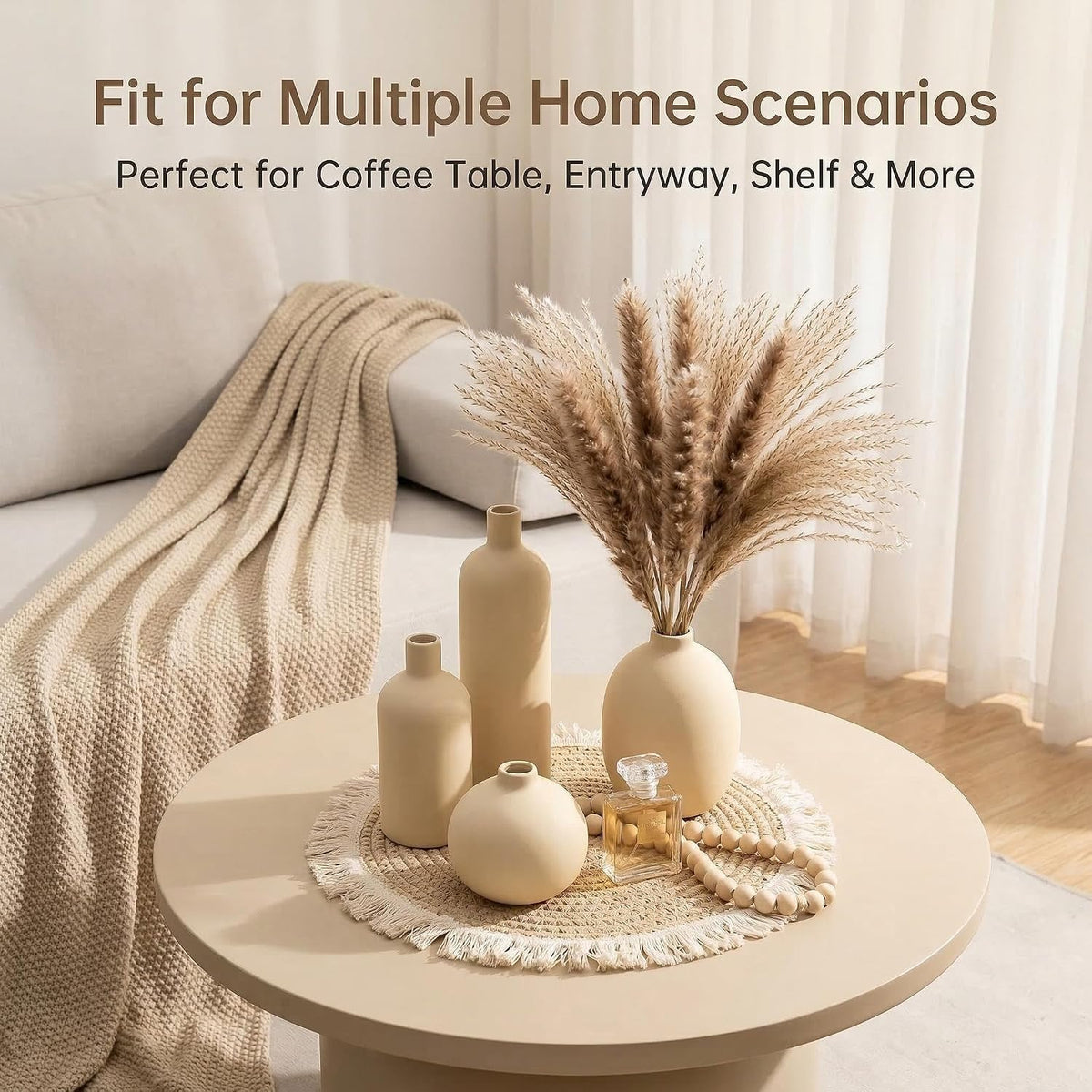 Beige Ceramic Vase Set of 4, Modern Neutral Colors Home Decor, Rustic Farmhouse Decorative Flowers Vases for Bouquet, Pampas | Table Mantel Centerpiece Bookshelf Living Room Bedroom (Beige)