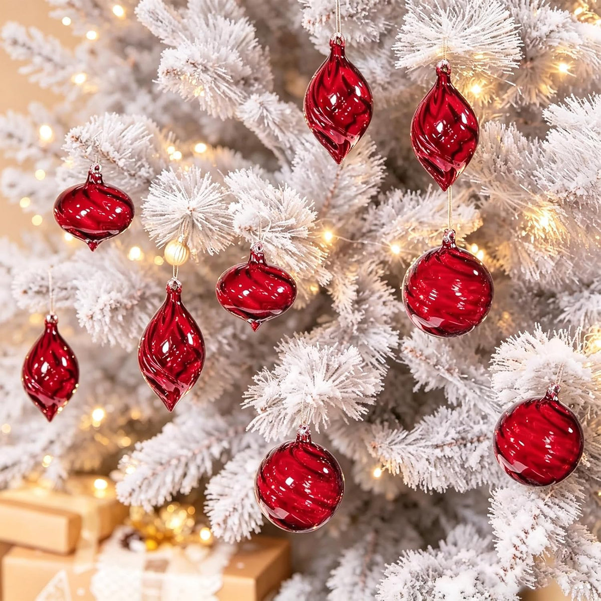 6 PCS Glass Christmas Ball Ornaments, Hand Blown Ornaments Hanging Balls,Glass Xmas Tree Home Wedding Birthday Party Holiday Decorative Set (Red)