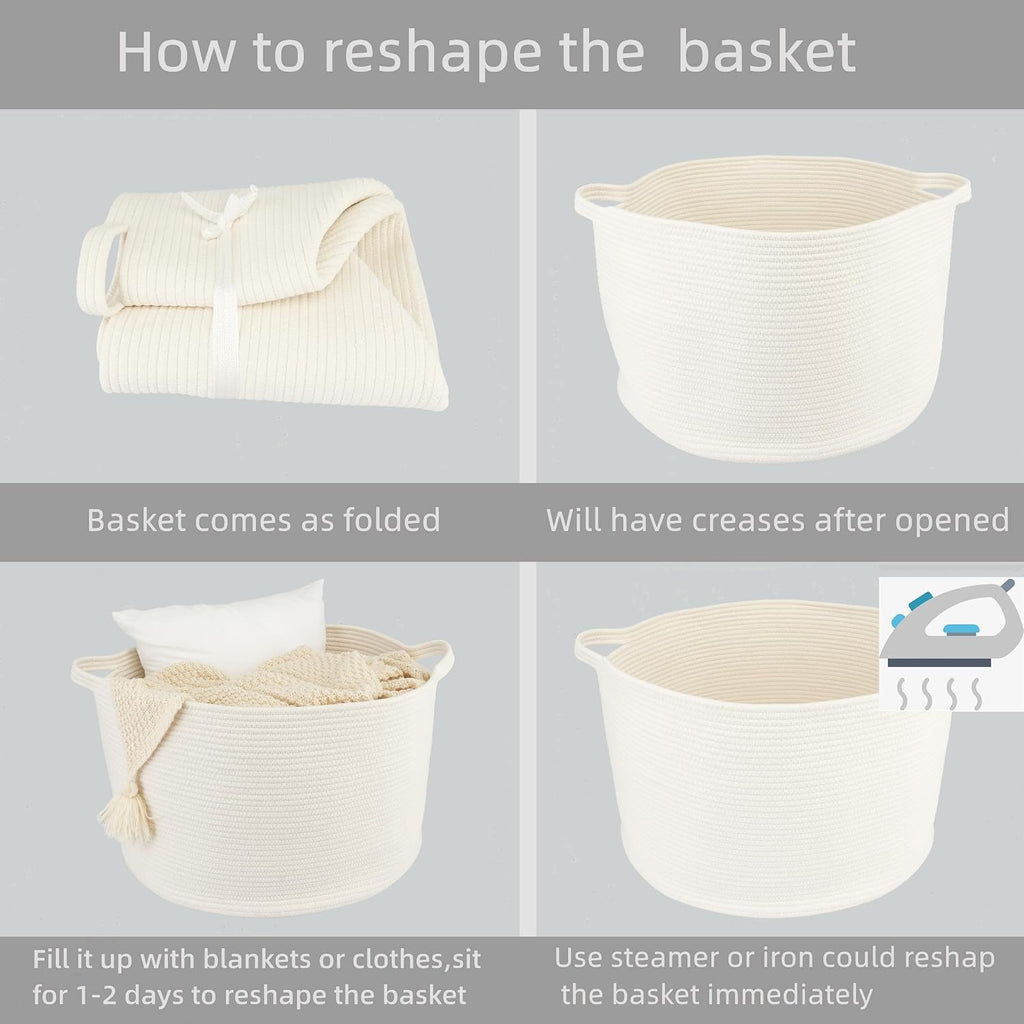 XUANGUO Extra Large Cotton Rope Round Storage Basket 22" x 14" White