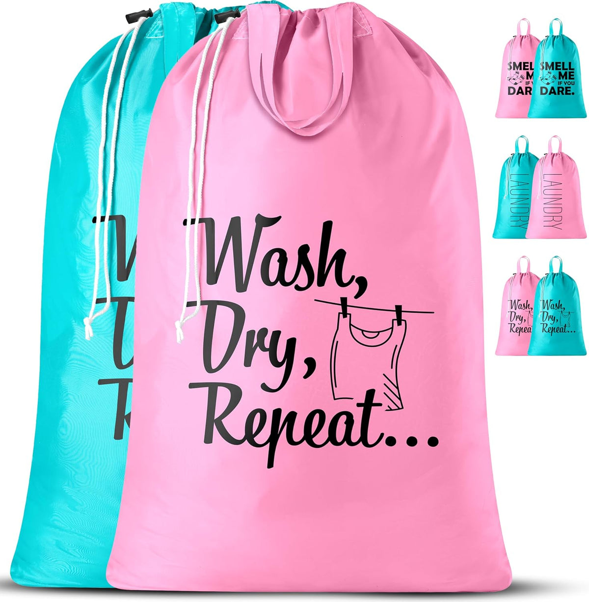 Handy Laundry Extra Large Travel Laundry Bags 2-Pack – Heavy Duty, Water-Resistant, Holds 4 Loads, Drawstring Closure, Fun Print for Camping, Dorms, Travel, Pink-Teal, 24 x 36 in
