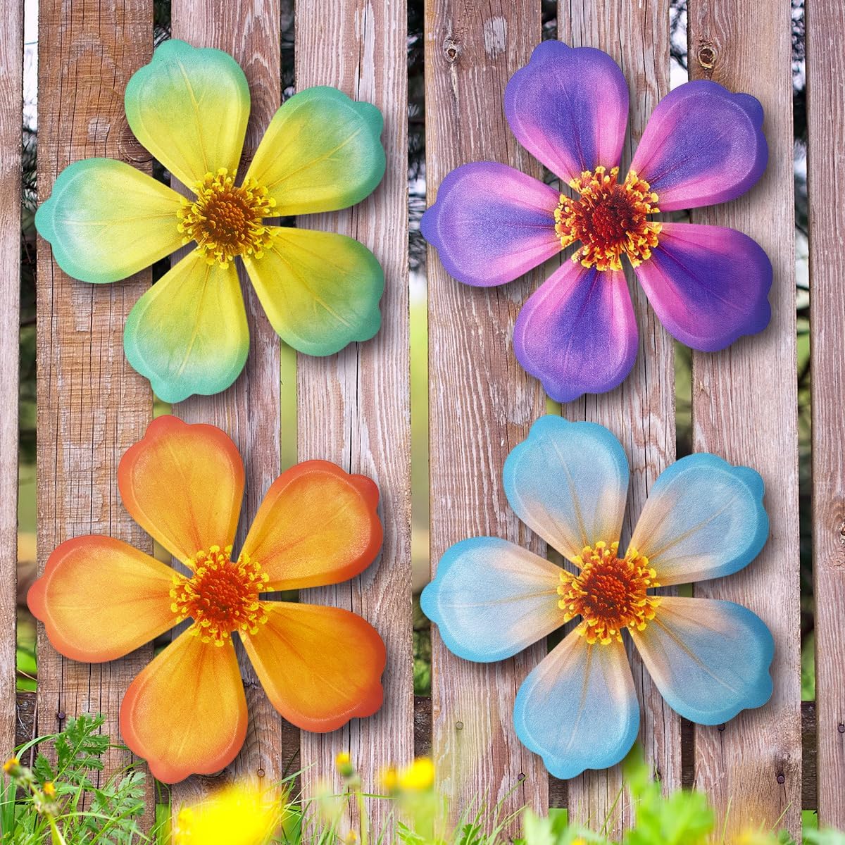 Giyyomtr Metal Flowers Wall Decor - 4pcs Metal Flower Wall Art Hanging Decorations for Outdoor Fence Garden Yard Patio Exterior Wall Decor