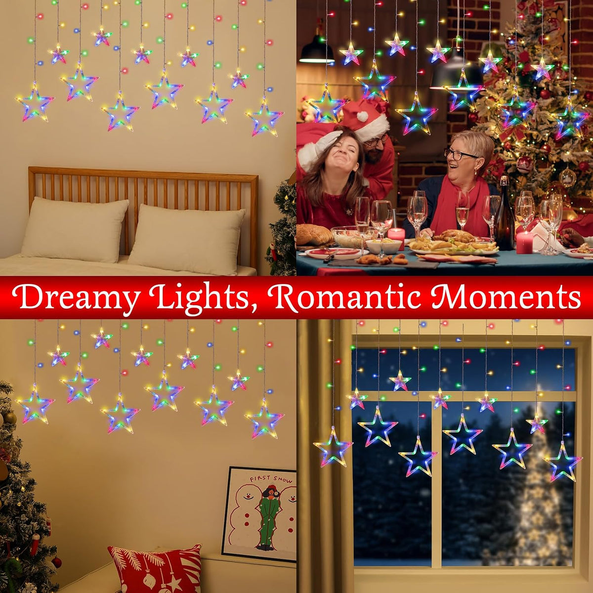 Lewondr 138 LED Christmas Star String Curtain Light with 6H Timer & 8 Modes