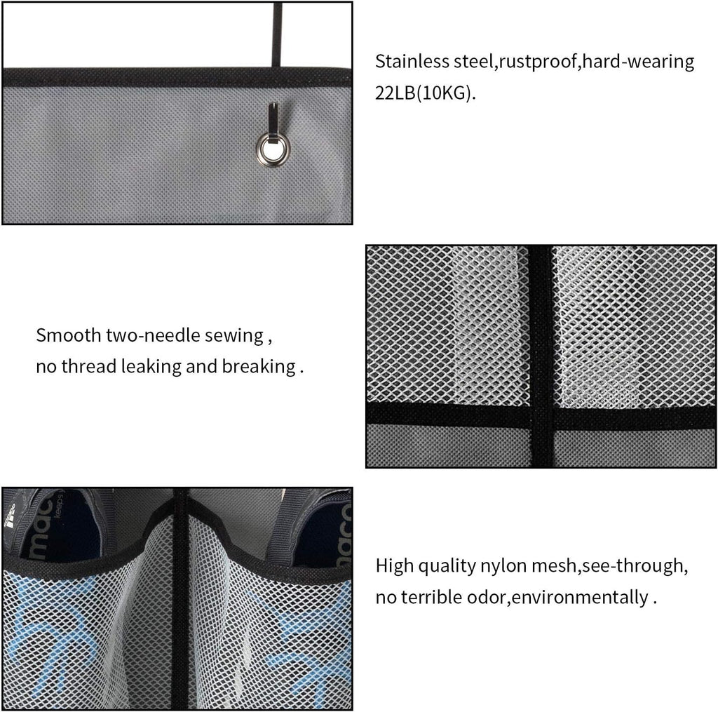 KEEPJOY Over The Door Shoe Organizer 2 Pack,Mesh Pockets Hanging Shoe Rack Over The Door,Shoe Storage Closet with 4 Hooks,Washable and Breathable Fabic,Large Size 57.5×12.6inch(Grey)