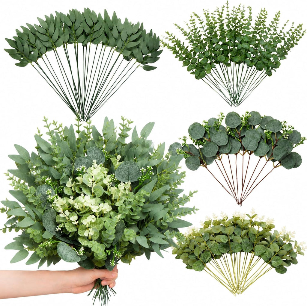 100 Pcs Mixed Artificial Eucalyptus Stems Leaves Bulk, 4 Kinds Faux Greenery Silver Dollar Dried Flowers Plant Leaves for Wedding Decor Centerpieces Vase Bouquet Floral Arrangements