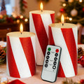 Red Striped Glitter Flameless Candles, Battery Operated LED Pillar Lights with Remote Timer, Real Wax Decorative Candles for Holiday Home Party Decor, Set of 3 (D3 x H4 5" 6")