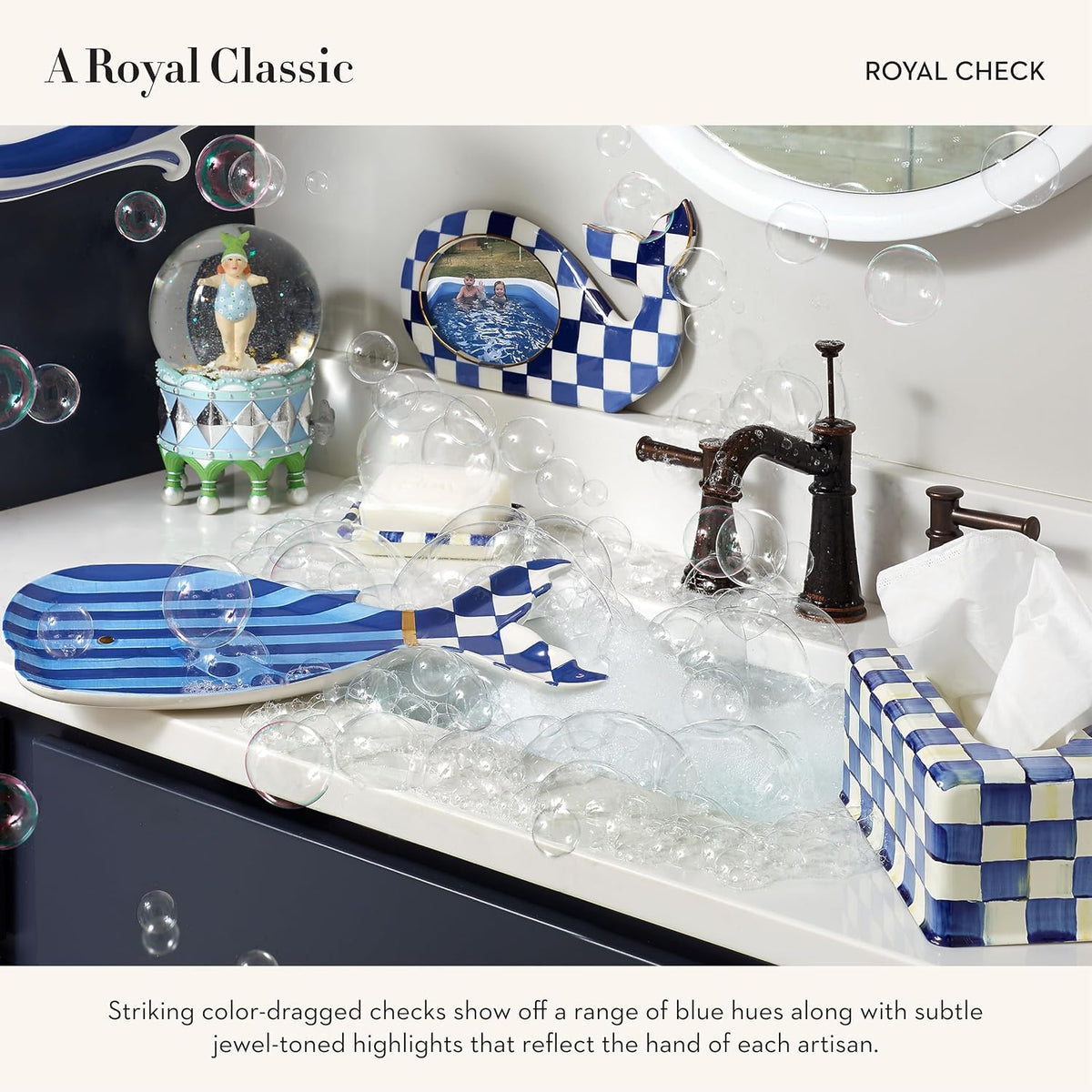 MACKENZIE-CHILDS Tissue-Box Cover, Blue-and-White Royal Check, Square