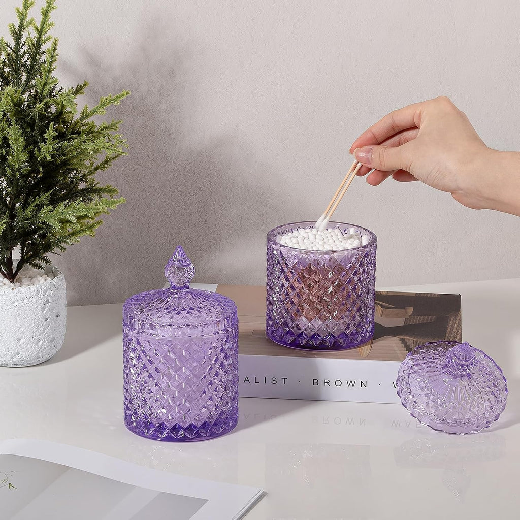 2 Pack Qtip Holder Apothecary Jars with Lid, Thick Glass, Purple