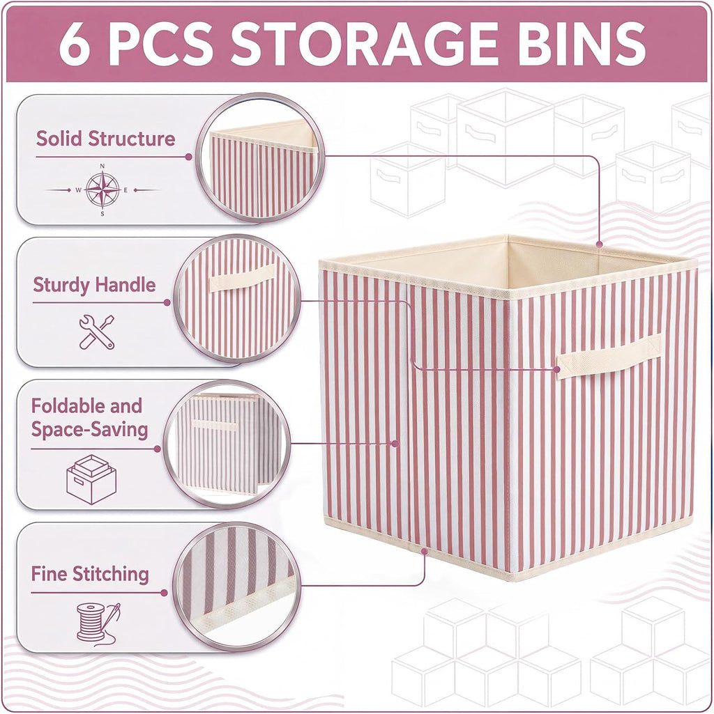 Amyhill 6 Pack Pink Striped Basics Collapsible Fabric Storage Bins