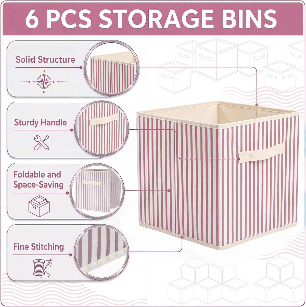 Amyhill 6 Pack Pink Striped Basics Collapsible Fabric Storage Bins