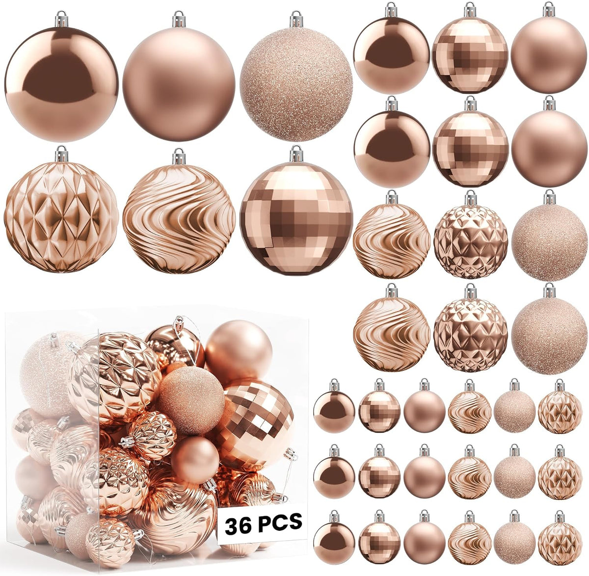 Annecy Christmas Tree Ornaments - 36 PCS Shatterproof Christmas Ball Ornaments Set for Holiday, Wreath & Party Decorations (Multi-Size, Rose Gold)