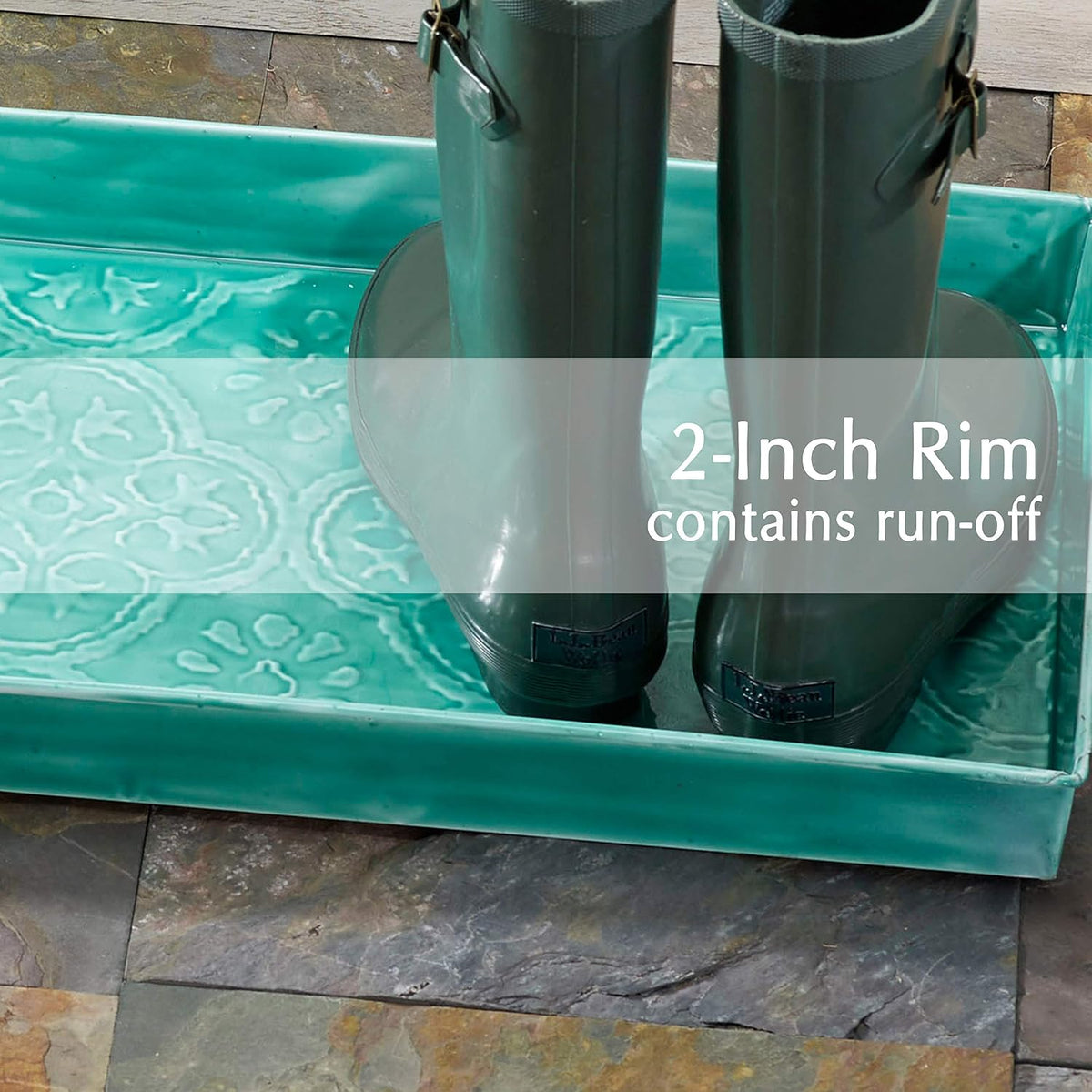 HF by LT Medallion Pattern Enamel Boot-Tray, 30 x 13 inches, Turquoise