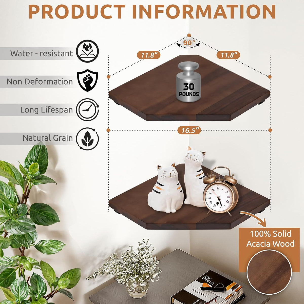 Demigo Hexagon Corner Floating Shelves, 2-Pack Acacia Wood Wall Shelf
