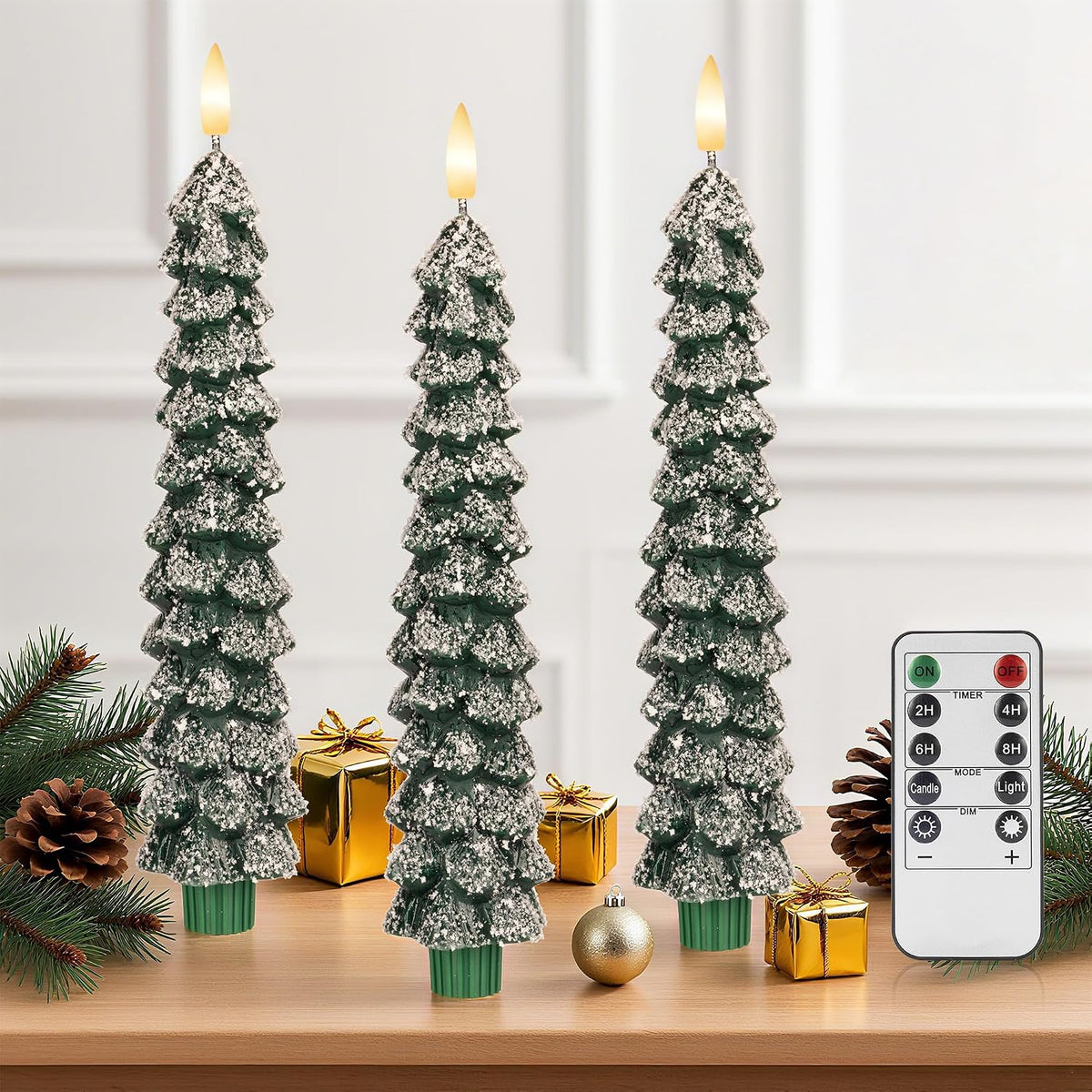 Flameless Christmas Tree Taper Candles with Remote Set of 3, Snowflake