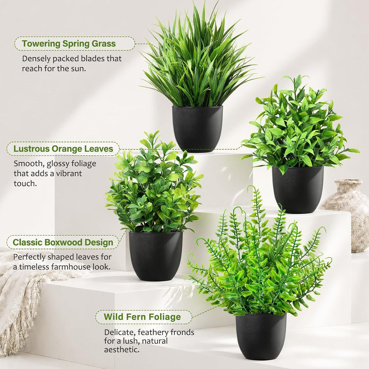 4 Pack Small Fake Plants in Black Pots Fern Grass Mix