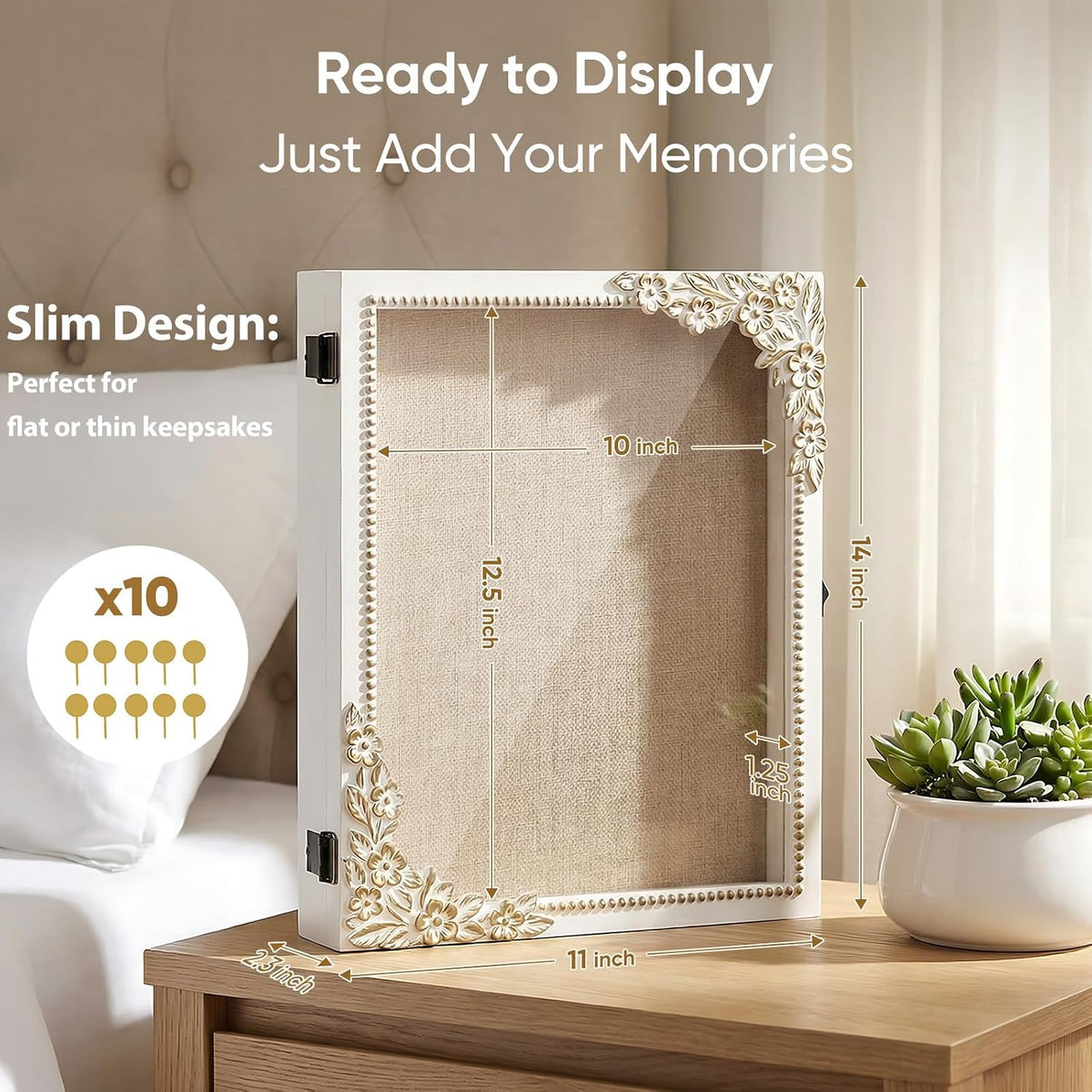 11x14 Shadow Box Frame, Vintage Gold & White Wood Display Case