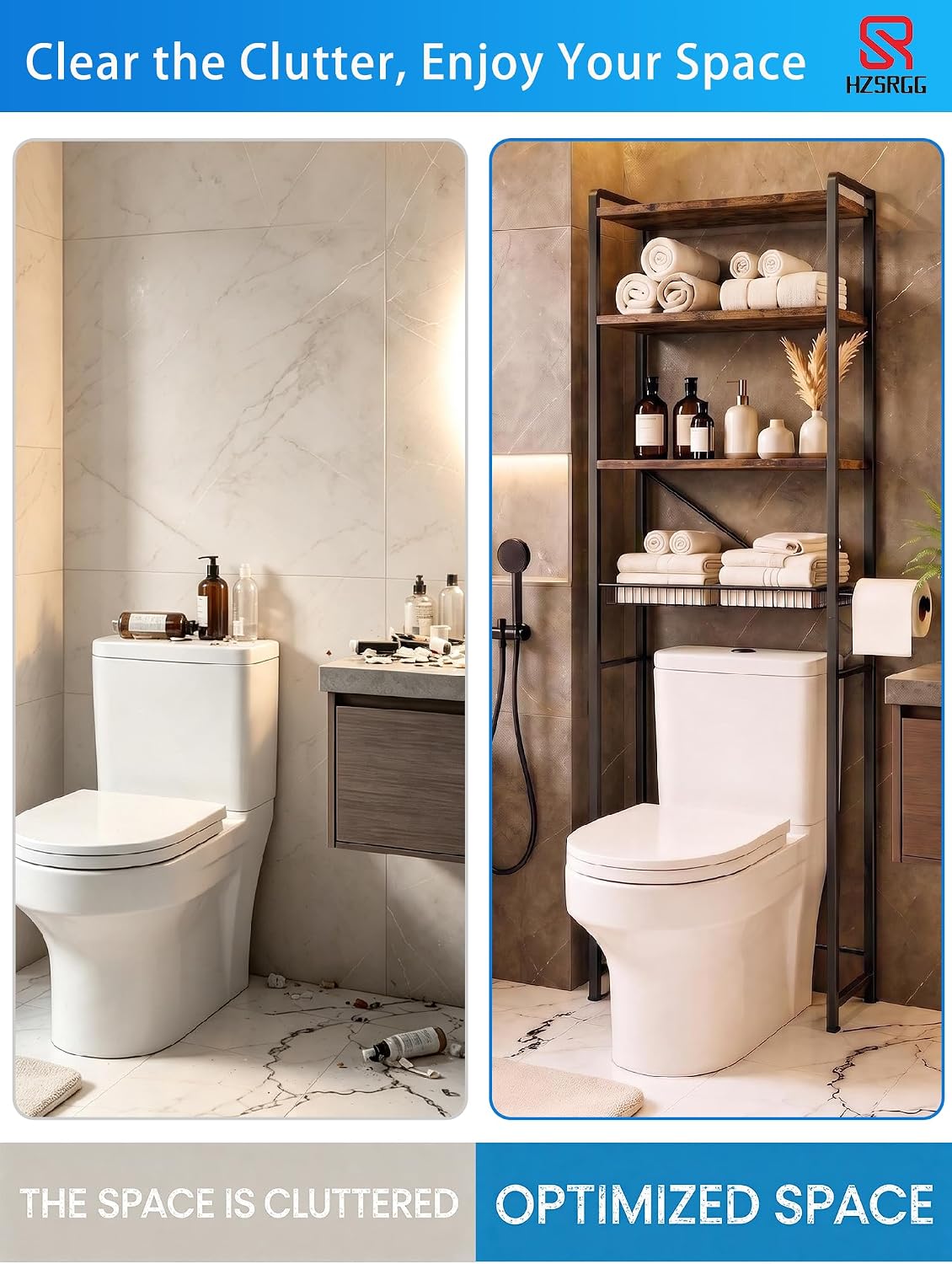 Over The Toilet Storage, 4-Tier Bathroom Organizer with V-Shaped Support & Pre-Welded Frame, Freestanding Rustproof Shelf with Toilet Paper Holder, Heavy Duty, 60" Tall, Antique Brown