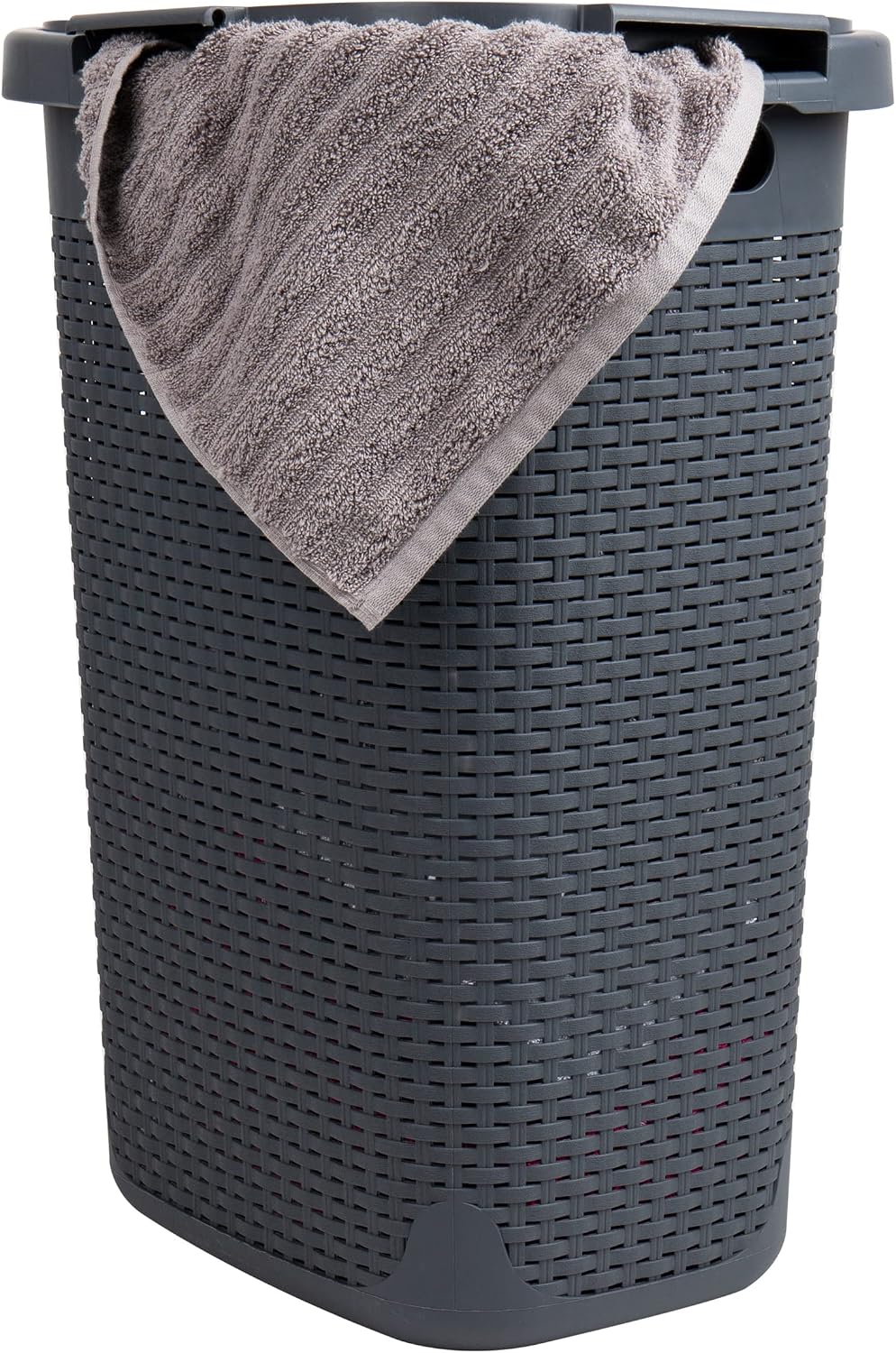 Mind Reader 60L Slim Plastic Hamper with Lid, Wicker Design, Gray