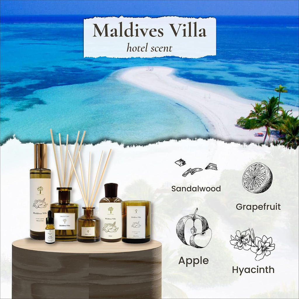 PRISTINE Maldives Villa/Inspired by Marriott Hotel Reed Diffuser for Home | Citrusy Grapefruit, Apple/Ocean Breeze/Sandalwood Oil Reed Diffuser Set & Reed Diffuser Sticks | Home Decor Scent Diffuser
