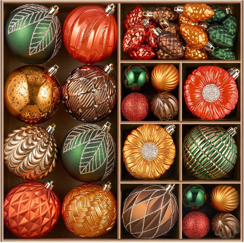 JORNOY Fall Ornaments for Tree, Shatterproof Plastic Harvest Decorations with Hanging String, Rustic Balls Baubles Bulk for Thanksgiving Home Decor, 52 Pack, Orange