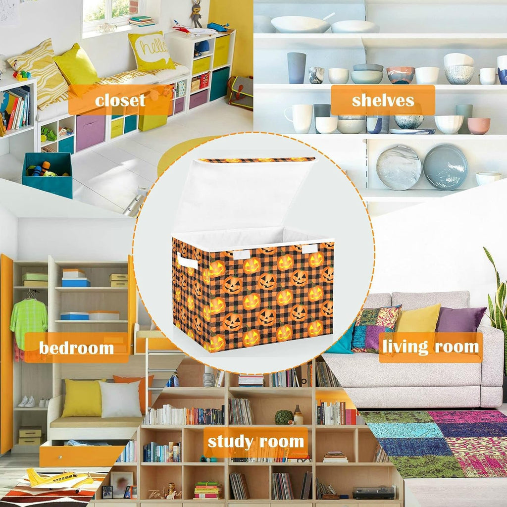 CaTaKu Large Fabric Storage Bins With Lids, Halloween Pumpkin Plaid Storage Boxes With Handles for Organizing Clothes, Collapsible Storage Cube Bins Baskets for Shelves