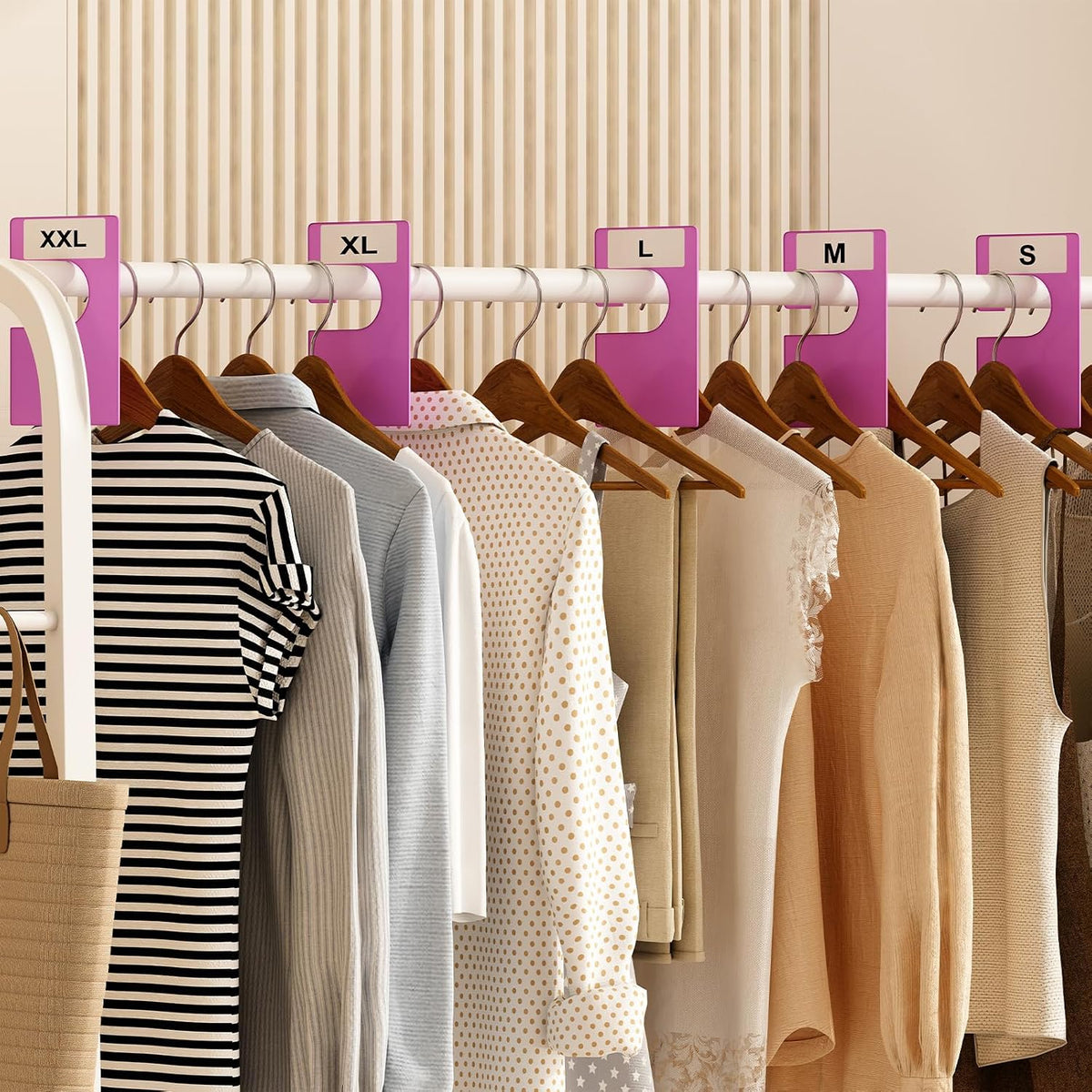 16 Pack White Clothing Rack Size Dividers Plus 45 Labels (1 Inch) and 18 Large Blank Labels, Large Rectangular Clothing Closet Dividers (Purple)