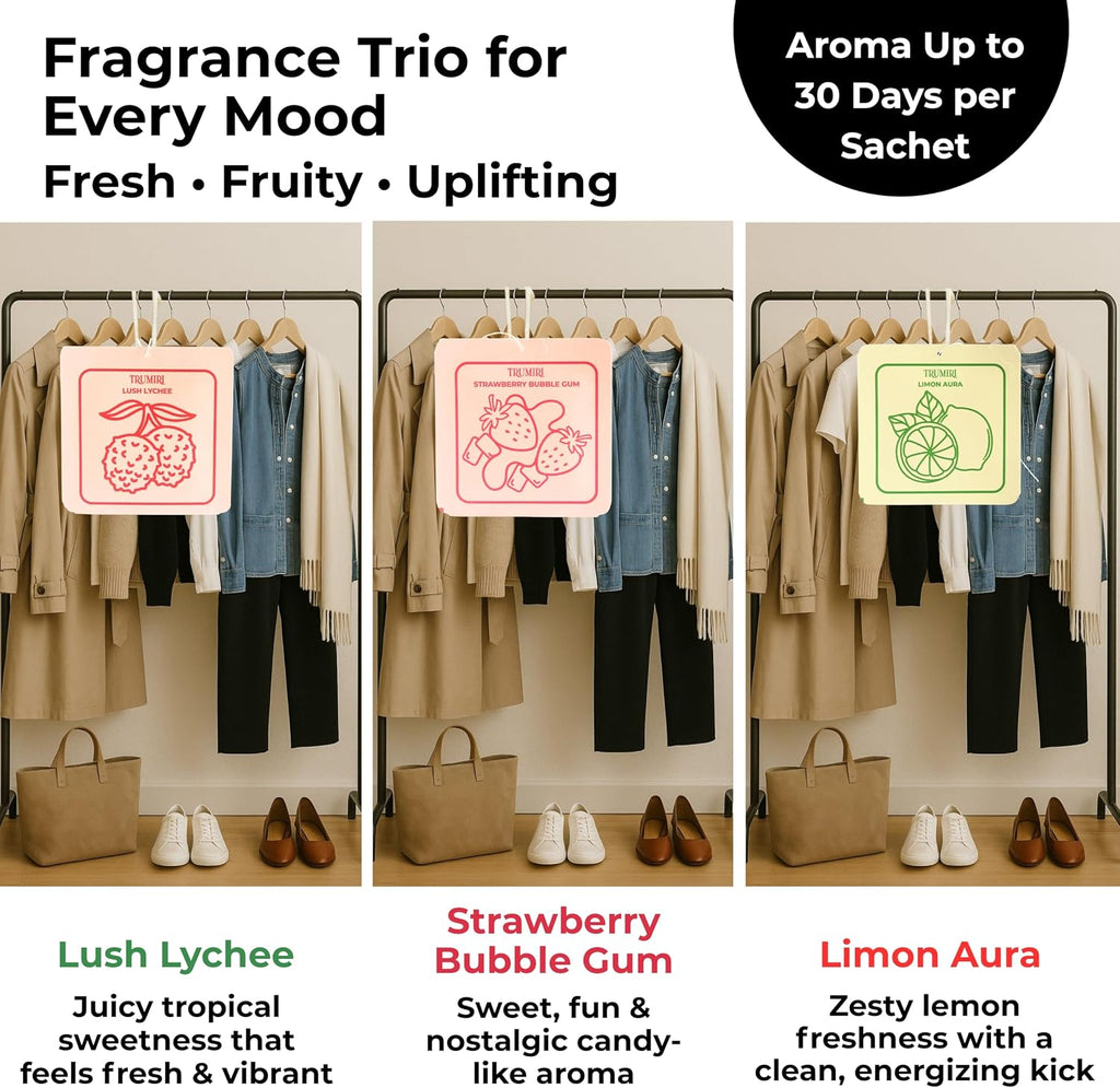 Scented Sachets for Drawer and Closet Freshener with Long Lasting Scent - Variety Pack of 3 - Limon Aura|Strawberry Bubble Gum|Lush Lychee - Home Fragrance Sachet - Olores para Closet De Ropa