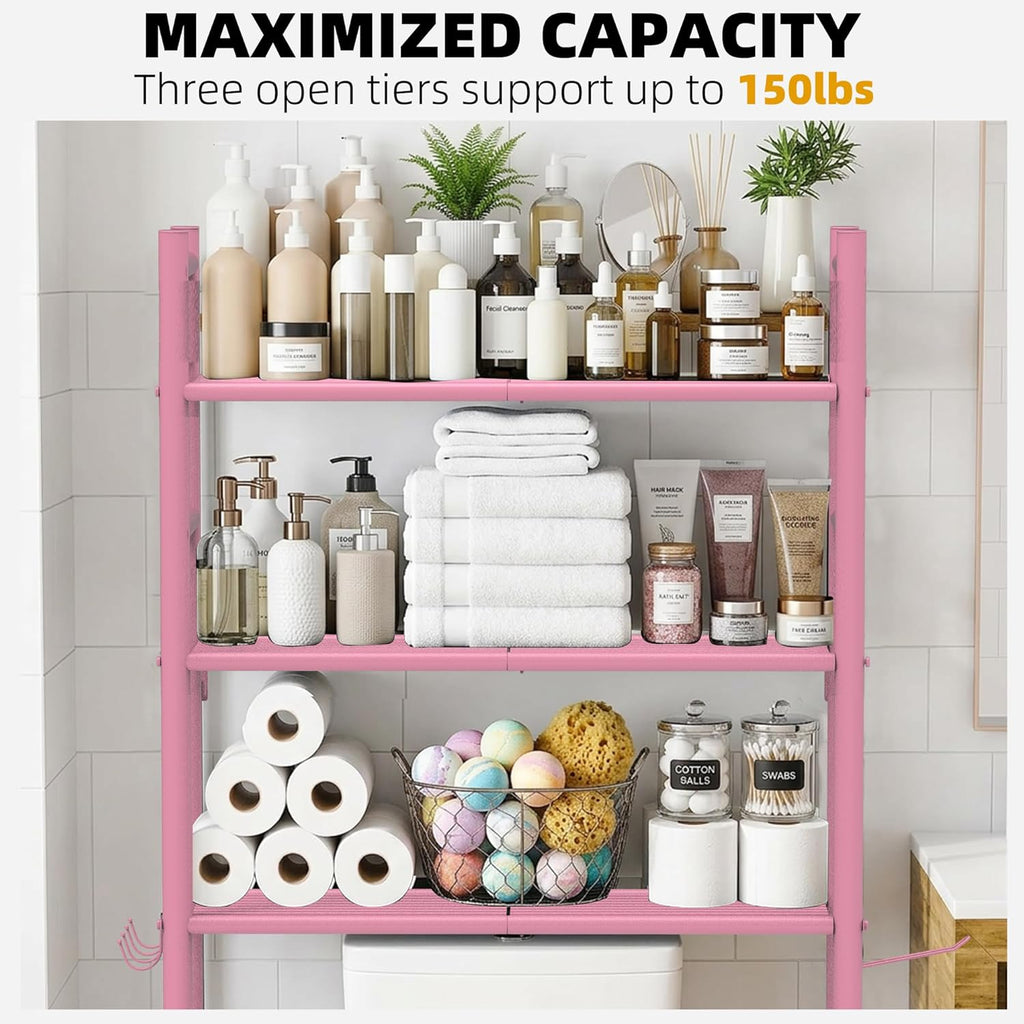 GloTika 3-Tier Over Toilet Storage Cabinet, No Drilling, 64" H, Pink