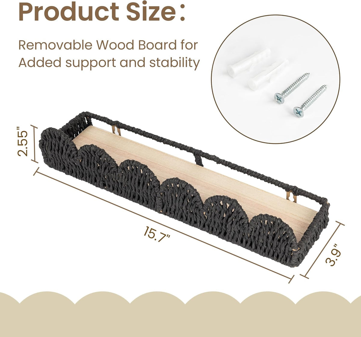 AELS Scalloped Nursery Bookshelf, Set of 4, Picture Ledge Shelf for Wall Decor, Woven Natural Fibre Floating Shelves for Books, Toys, Photo Frames, Nursery, Boho Modern Farmhouse Book Shelf, Black