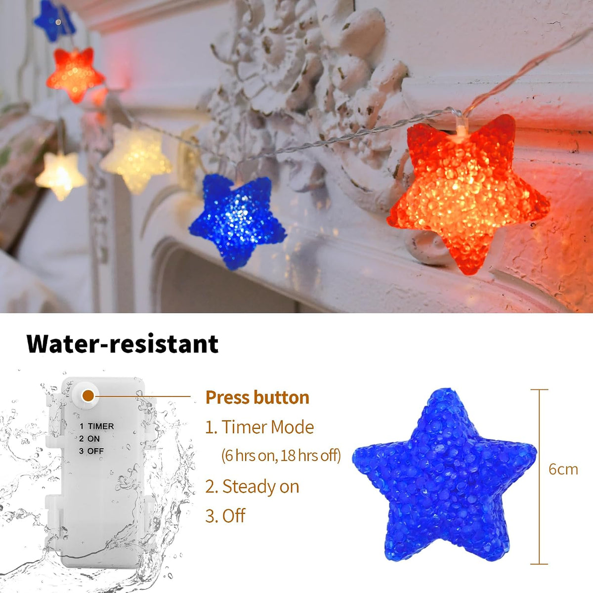 YOLIGHT 4th of July Decorations, Red White Blue Lights Star String Lights Battery Operated 6.5FT 10 LED Patriotic Fairy Light with Timer for Independence Day Memorial Day Decor, Indoor & Outdoor