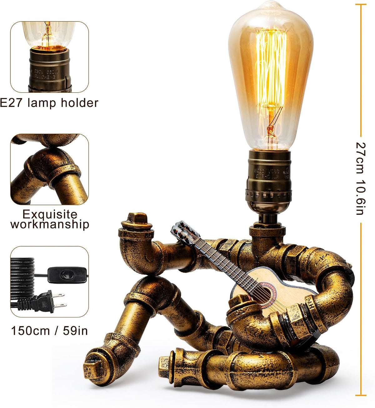 Music Guitar Table Lamp,Steampunk Table Lamp,Retro Guitars Steampunk lamp,Cool Industrial Metal Tube Robot Lamp Gifts for Music Lovers
