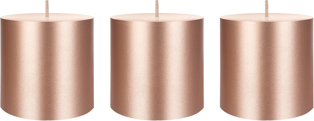 Mega Candles 3 pcs Unscented Solid Rose Gold Pillar Candles, Hand Poured Premium Wax Candle 3 Inch x 3 Inch, Home Décor, Spas, Weddings, Occasions, Party, Centerpieces, Holidays, Vigils, Prayers