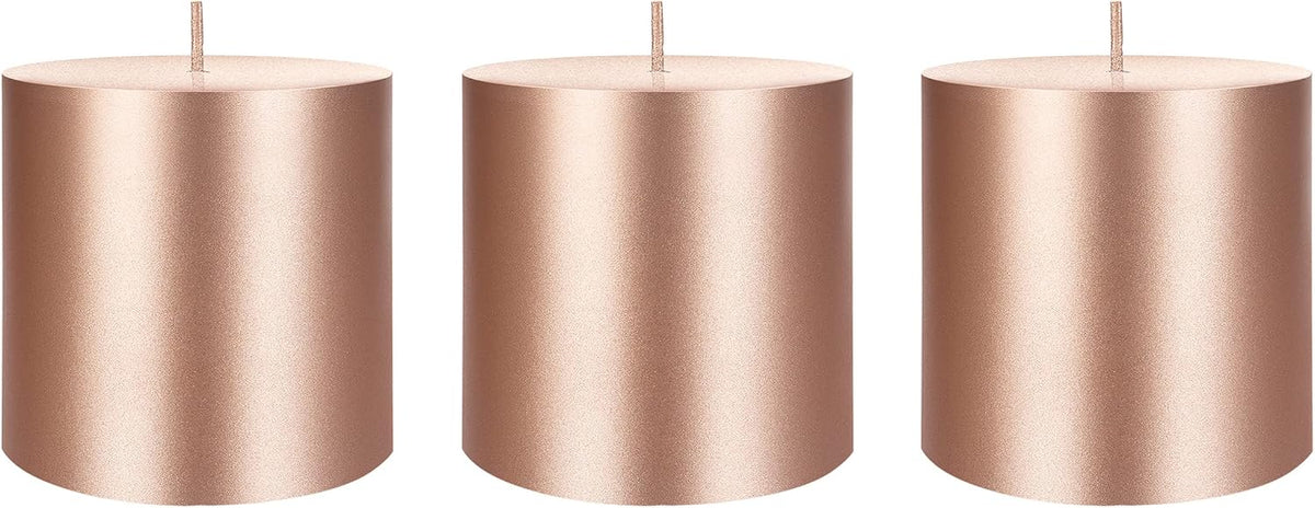 Mega Candles 3 pcs Unscented Solid Rose Gold Pillar Candles, Hand Poured Premium Wax Candle 3 Inch x 3 Inch, Home Décor, Spas, Weddings, Occasions, Party, Centerpieces, Holidays, Vigils, Prayers
