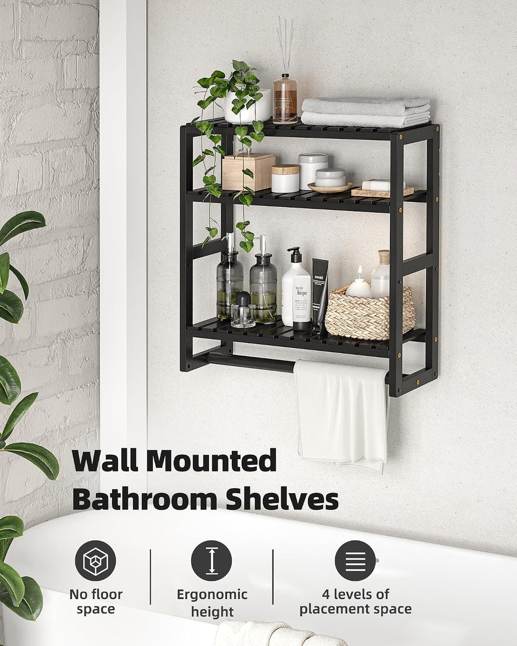 Galood Over The Toilet Storage Bathroom Shelves Wall Mounted 3 Tier Black-L