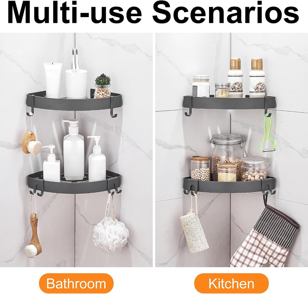 DUFU Adhesive Corner Shower Caddy with Hooks, Grey, 2 Pack