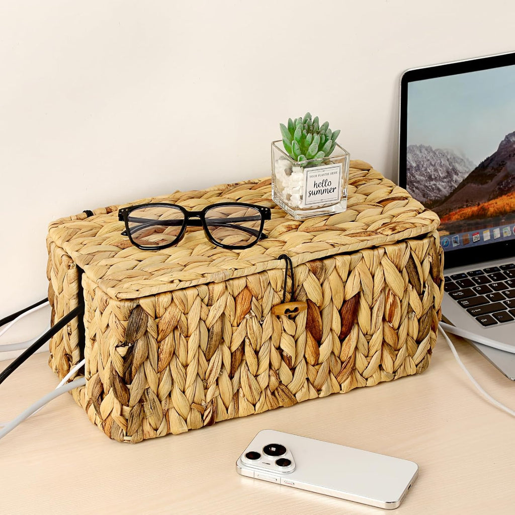 BTSKY Woven Cable Management Box with Lid Water Hyacinth Cord Organizer, L