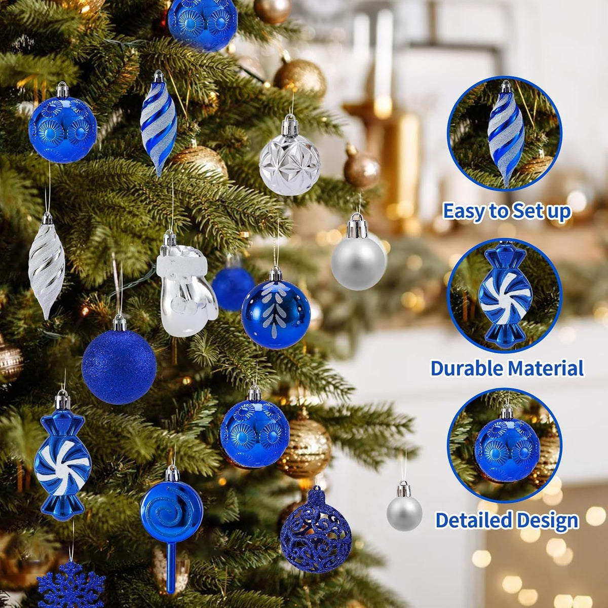 Christmas Balls Ornaments,Assorted Shatterproof Christmas Ornaments Set, Luxurious Hanging Pendants Package for Christmas Tree Party Holiday Indoor Decor (130Pcs-Blue)